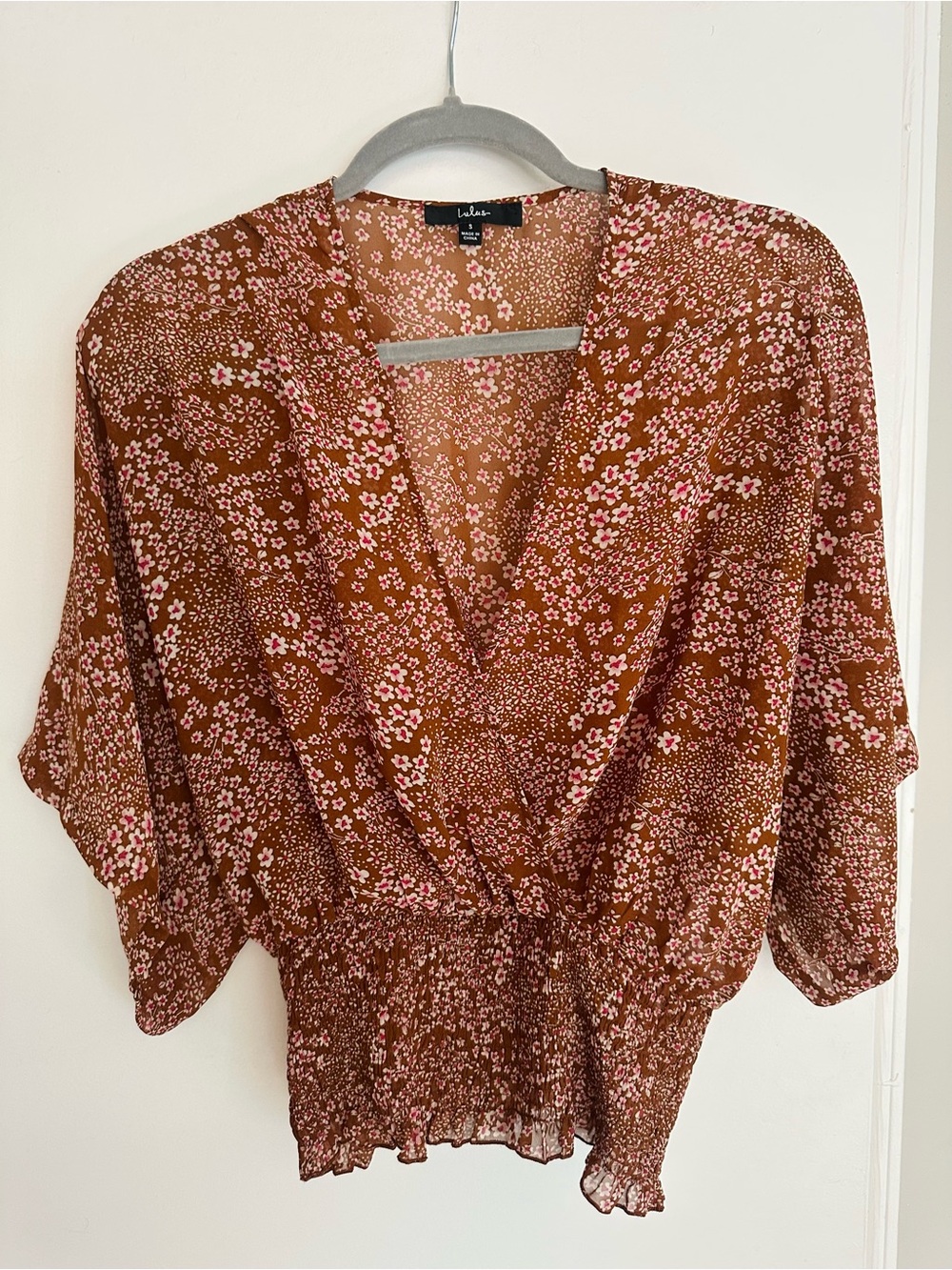Lulus Promises Kept Brown Floral Print Sheer Smocked Top